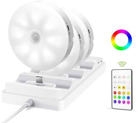 Proaustin Confezione da 6 luci sottopensile, luce a disco ricaricabile con sensore di movimento e telecomando, 3 temperature di colore e 12 colori RGB, luce magnetica adesiva, dimmerabile, per sotto