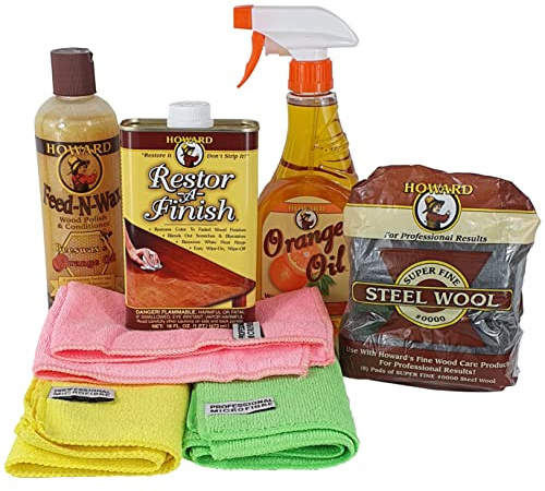 Howard Restor-A-Finish KIT Walnut Furniture Heat Ring Water Mark Removal Polish Wax Orange Oil Cloths Gloves Fine Steel Wool Pads