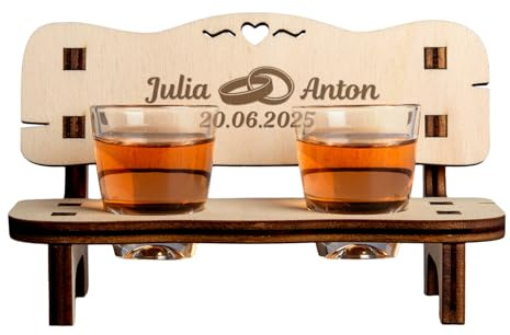 Personalisierte Schnapsbank Hochzeit mit Gravur | inkl. 2 Schnapsgläsern | Hochzeitsgeschenk für das Brautpaar personalisiert | Hochzeitsbank | Geschenk zur Hölzernen Hochzeit Hochzeitstag | Ringe