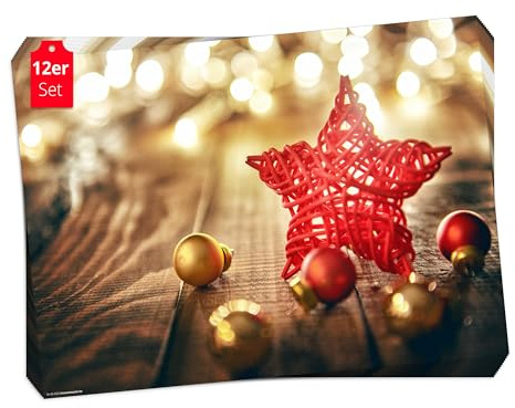 Tischsets I Platzsets Weihnachten Roter Stern mit Kugeln - 12 Stück 44 x 32 cm in Aufbewahrungsmappe - Die besondere Tischdekoration für Weihnachten, Advent oder Weihnachtsfeier