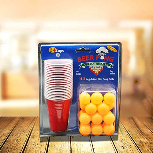 WINIAER Juego de pong de cerveza – 48 tazas rojas y bolas de 24 ping-pong – Beerpong Classic Beerpong – Taza de 16 oz para interiores y exteriores – Divertidos fiestas universitarias de cumpleaños
