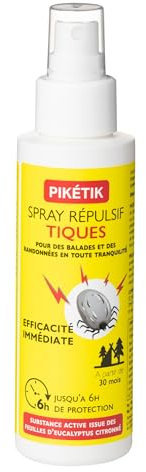 PIKETIK - Spray Anti-Tique - Efficacité 6h - Pour toute la Famille dès 30 mois - Répulsif Tiques d'Origine Naturelle - Ne colle pas - Visage & Corps - Eucalyptus citronné - Fabriqué en France - 100ml