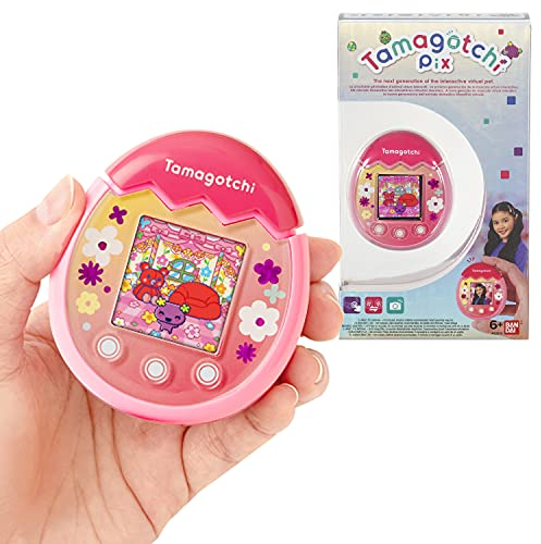 Bandai - Tamagotchi - Tamagotchi PIX - Rosa geblümt- virtuelles elektronisches Haustier mit Farbdisplay, Touch-Schaltflächen, Spiele und Kamera - 42911