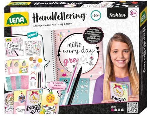 LENA - 42335 - Handlettering Set Grand, set de peinture avec carnet à anneaux illustré, 4 pochoirs de lettres, 4 crayons, 4 feuilles d'autocollants et 4 cartes pliables, pour enfants à partir de 8 ans