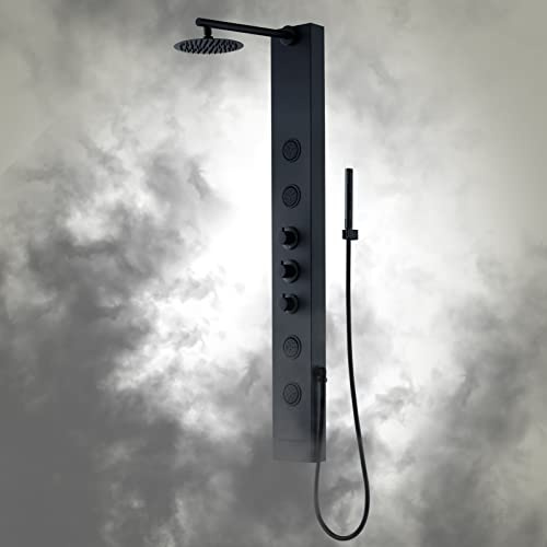 Achelous Round Rainfall Shower Head Panel System with Thermostatic,Stainless Steel High Pressure Turbo Body Jets Waterfall Shower Tower,Brass Handheld Wand in Matte Black