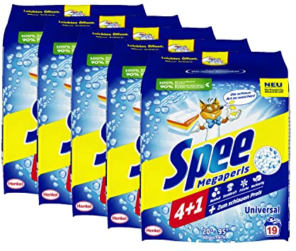 Spee Megaperls Universal Waschpulver 4 + 1, 95 WL (5 x 19 Waschladungen), Vollwaschmittel mit 4 + 1 Formel vereint Reinheit, Strahlkraft, Frische & Nachhaltigkeit, 20° - 95° C