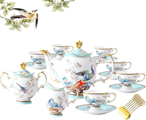 ACMLIFE Teeservice aus feinem Knochenporzellan mit Teekanne, Porzellan-Teesets für Erwachsene, 21-teiliges Vintage-Teeset für 6, 24 Karat Gold, Blau, Englisches Blumenmuster, Knochenporzellan, Teesets