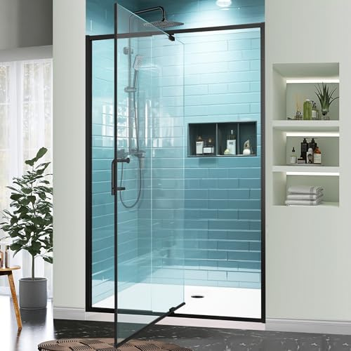 GroGro 112–122 cm B x 180 cm H Piovt svängglas duschdörr, halvramlös skjutdörr med 6 mm (1/4 tum) klart SGCC härdat glas, matt svart finish duschdörrar, vändbar installation