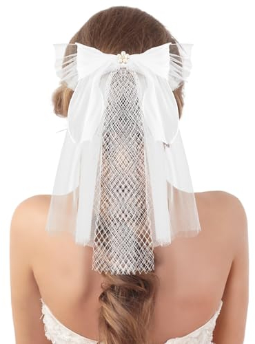 Andibro Schleier Braut Haarschleife,Brautschleier mit Weiße Perlen Kurzschleier Tüll Schleifenk für Damen Brautjungfern Hochzeit Bachelorette Party