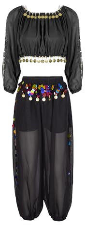 MSemis Damen Zweiteiler Bauchtanz Set Pailletten Langes Crop-Top und Elastischem Bund Hose Bauchtanz Anzug Indische Kostüme Themenpartys Outfits Schwarz Einheitsgröße