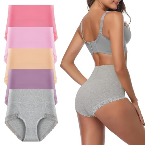 Yintry Bragas de Cintura Alta para Mujer con Encaje, Calzoncillos elásticos Suaves y Transpirables, Ropa Interior de Cobertura Completa, Bragas de algodón con Control de Barriga, Paquete de 5