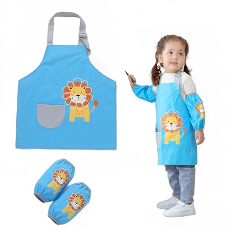 Grembiule da Pittura Leone per Bambini Set da Cuoco per Bambini Grembiule da Cucina Grembiule da Pittura per Bambini Impermeabile Regolabile Con Tasca e 2 Maniche, per Ragazzi Ragazze (2-5 Anni)