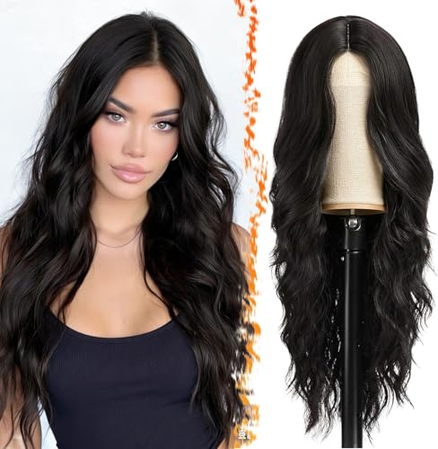 BARSDAR Lange Wellig Schwarz Perücke, 66cm Natürliche Mittelscheitel Synthetische Haar Replacement für Frauen Tägliche Party Halloween (Natürliche Schwarz)