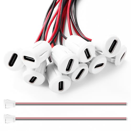 KUOQIY 10 Pièces USB-C Femelle 2 Fils Connecteur de Prise 3A, Ronde Connecteur USB-C Femelle 2 Fils avec Boucle à Rainure à Pression, USB Type-C Souder Connecteur avec 150mm 24 AWG, Blanc