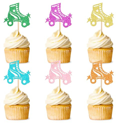 Blumomon 24 Pcs Roller Skating Shoes Cupcake Toppers Glitter Roller Skates Cupcake Decorations Picks Sport Skating Theme Birthday Party Cake Decorations Supplies