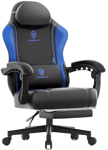 Dowinx Gamingstol, ergonomisk gamingfåtölj av PU-läder med ländryggsstöd, massagefunktion och brett ryggstöd, kan belastas upp till 150 kg, blå