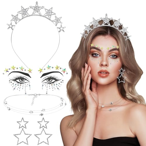 HOWAF Stern Haarreif Sterne Silber Strass Haarband, Stern Ohrringe, Halskette, Gesichtstattoo Karneval für Damen, Halloween, Fasching, Karneval Kostüm