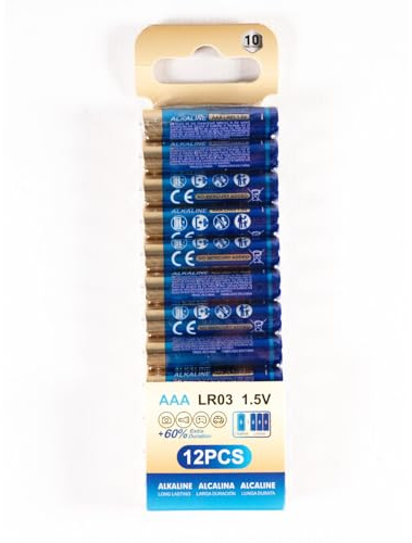 Pila alcalina Tipo AAA (LR03) 1,5 V, Paquete de 12 Unidades, Ideal para Dispositivos electrónicos y Juguetes.