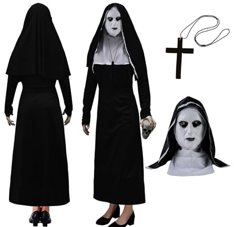 HarnyLoom Nonnen Kostüm Damen Halloween Maske Nun Nonnenkostüm Frauen Horror Robe Zubehör Outfit Gruselige Kreuz Halskette Kopfbedeckung Kirche Cosplay (M)