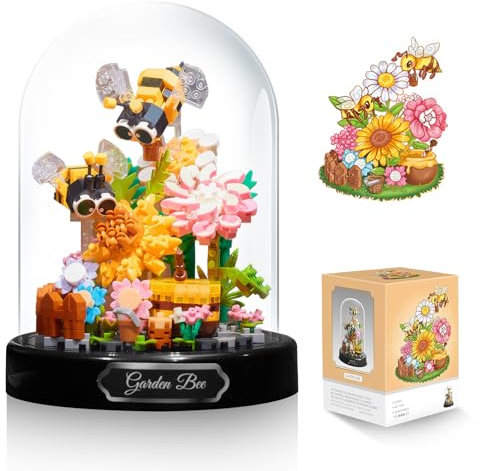 Flower Building Set, Flowers and Insect Animals Micro Building Blocks Kit with Transparent Cover, Creative Flowers Botanical Mini Bricks Toys Birthday Gifts for Adults Boys Girls (Bee+Flower)