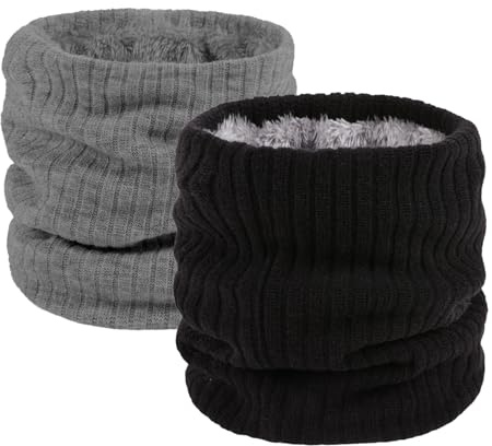 ATSNOSH Cache-Cou Thermique pour Homme Femme, Écharpe Circulaire Tricotée Hiver, Tubulaire Élastique Épais Neck Warmer, Tour de Cou en Polaire (Noir + Gris) - 2 Pièces