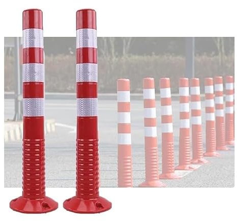 WXF86djl Isolationspfahl Feste Parkpoller aus weichem Gummi, 2 Stück Verkehrsleitkegel mit reflektierenden Manschetten, Parksperren mit Stützen(Red+White)