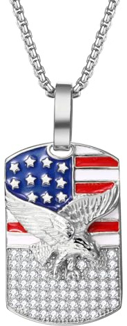 Flongo USA Flag Anhänger Halskette：Edelstahl Gold Silber amerikanische Flagge Adler Kette mit Zirkonia American Flag Halsreif Hip Hop Medaille Schmuck Herren Damen Geschenk USA Unabhängigkeitstag