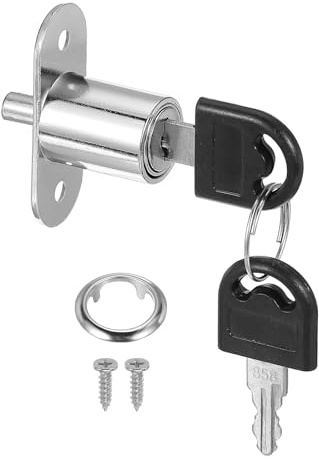 sourcing map Push Plunger Lock with Keys & Screws & Locking Ring 3/4 Cylinder Diameter, Keyed Different 7/8 Cylinder Length for Window Barn Drawer Cabinet Garage (Silver)