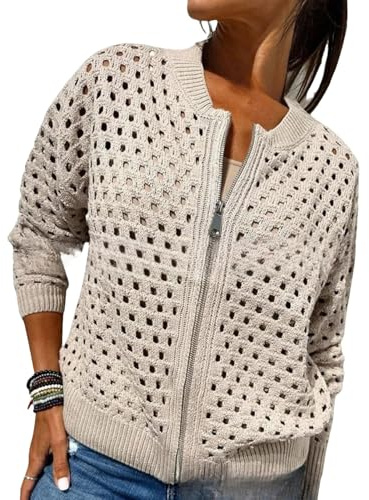 Whimsyard Giacca da donna lavorata a maglia con cerniera e ritagli, cardigan da donna con cerniera all'uncinetto, top in maglia traforata, top lavorato a maglia all'uncinetto, Albicocca, L