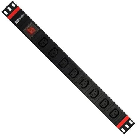 Steckdosenleiste 48 cm (19 Zoll) mit 8 Steckdosen IEC C13 Schuko, ideal für die Stromverteilung in Racks, Rechenzentren und Bürogeräten.