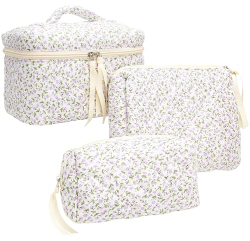 PAZIMIIK 3PCS Makeup Bag SET Large Travel Quilted Zipper Soft Cosmetic Case Pouch for Women Girls Make Up,Floral Purple