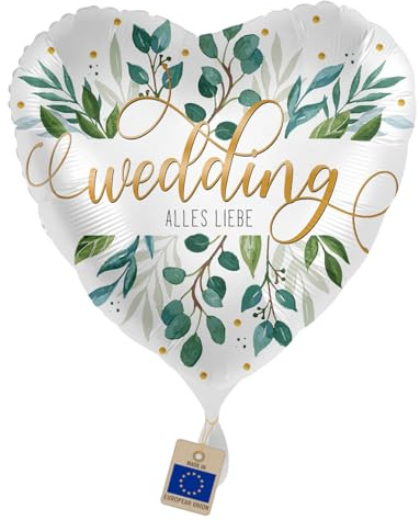 Folienballon Hochzeit „Wedding – Alles Liebe“ – Herzballon mit botanischem Blätterdesign, Helium geeignet, Geschenk & Hochzeitsdeko für Brautpaar, Made in EU