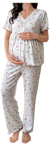OYOANGLE Women's Maternity Floral Pajama Set Button Down Sleepwear Short Sleeve Shirt and Pants Pjs Sleepwear White X-Large