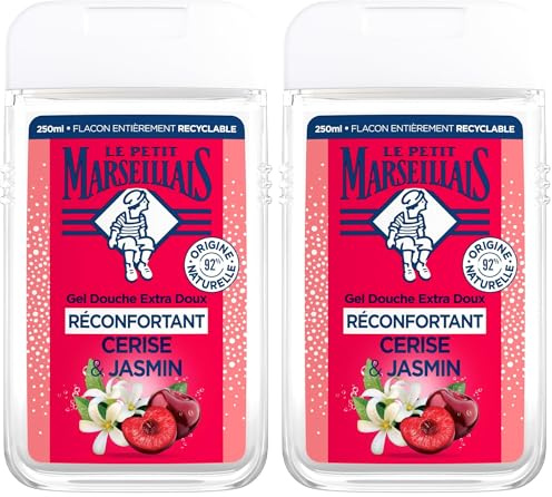 Le Petit Marseillais | Gel Douche Extra Doux Réconfortant Cerise & Jasmin (flacon de 250 ml) – 92% d'ingrédients d'origine naturelle – pH neutre pour la peau et sans colorant (Lot de 2)