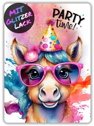 celebr8te 12x Party Pferd Glitzer Einladungskarten - Teenager Kindergeburtstag Jungen & Mädchen - coole Tier Geburtstagseinladungen inkl. Messenger Bild & Urlaubsgutschein