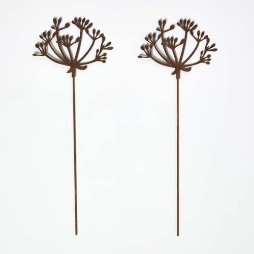 HOMESCAPES Metal Garden Stakes Decorative, Set of 2 Rustic Metal Flowers Silhouette, 37cm Cow Parsley Flower Stake, Weatherproof Vintage Outdoor Ornament for Gardens, Plant Pots, Planters & Balcony