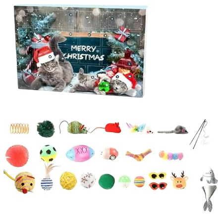 Adventskalender für Katze 2025, 24 pcs Interaktives Katzenspielzeuge Spielzeugmäuse, Katzen Weihnachten Geschenk Katzenliebhaber Wiederverwendbar Adventskalender Geschenke (32x22x5cm, Katzen)