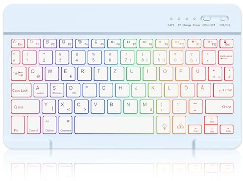 MMK Bluetooth Tastatur für iOS, Android and Windows, 7 Farben Beleuchtete | Portable Wireless Bluetooth Keyboard für iPad, iPhone, Samsung, Lenovo, Huawei, Blau