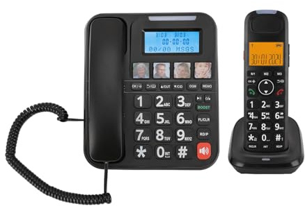 Luocute Système Extensible de Téléphone Filaire et sans Fil avec Répondeur Numérique et Blocage D'appels, Grand écran 2 Pouces et Cadran Photo, pour Maison avec et Appel à 3 Voies (Prise UE)