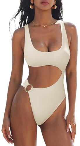 SUUKSESS Women Sexy One Piece Tummy Control Swimsuit Cutout Backless Slimming Swimwear 2025 Cheeky Side O-Ring Bathing Suit (Beige White,Large)