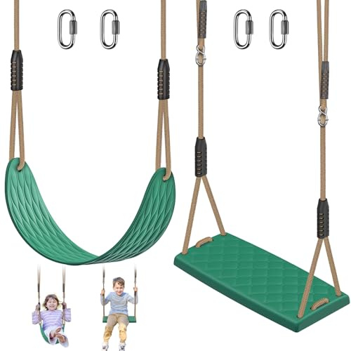 SELEWARE Heavy Duty Swing Seats for Kids & Adults, Non‑Slip Flat Plastic & U‑Style EVA Tree Swing Seat Replacement with Adjustable Ropes, Outdoor Playground Swingset Accessories, Green