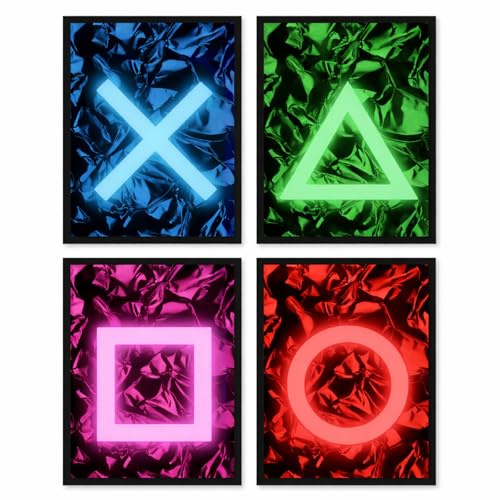Postertech - Gaming Wandbilder 4er-Set DIN A4 (Ohne Rahmen) – Neon Controller Symbole – Moderne Gamer Poster für Zimmer & Setup – Wanddeko für Gaming Room, Jugendzimmer (Gamer)