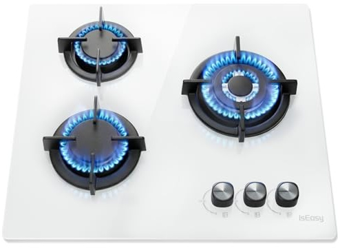 IsEasy Placa de Gas 3 Fuegos Blanco, Placa Cristal Gas butano, Ancho 60 cm, 7,75 kW, Encimera de Gaz Butano, Cocina empotrable, Gaz Ciudad y Botella