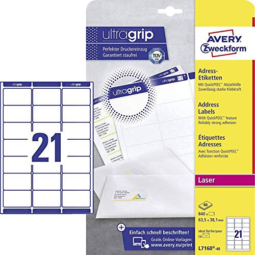 AVERY Zweckform L7160-40 adressetiketter/adressdekal (840 etiketter med ultragrip, 63,5 x 38,1 mm på A4, tryckbar, självhäftande, för DIN B6/C6 brevpapper, matt papper) 40 ark, vit