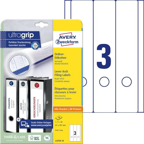 AVERY Zweckform L4759-10 Ordnerrücken Etiketten (30 Rückenschilder mit ultragrip, 61x297mm auf A4, breit/lang, selbstklebend, absolut blickdicht, bedruckbare Ordneretiketten) 10 Blatt, weiß