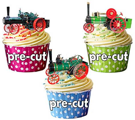 AK Giftshop Vintage Traction Steam Engine Mix Cake Decorations - 12 Edible Wafer Cup Cake Toppers