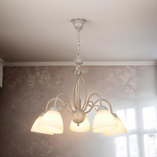 Licht-Erlebnisse Rustikale Hängelampe LIRLIN Shabby Weiß Metall Glas 5-flammig E27 Pendelleuchte Esstisch Wohnzimmer