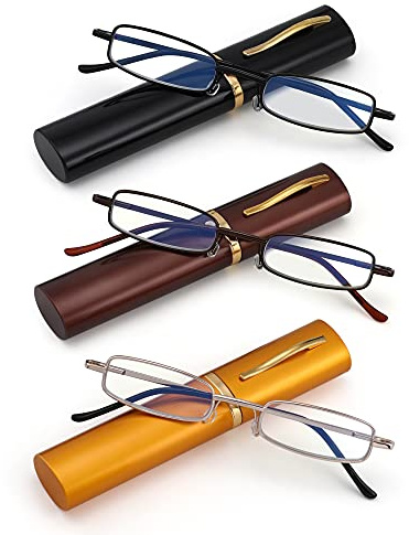 SOPHILY 3 Pack Slim Pocket Reading Glasses for Men Women Blue Light Blocking Compact Readers Spring Hinge Metal Frame, Yellow Black Grey Eyeglasses with Portable Pen Clip Tube Case, 2.00