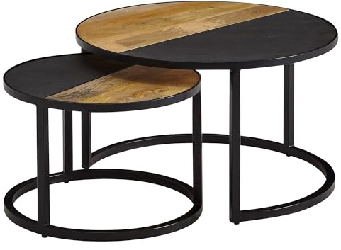 Wohnling Couchtisch 2er Set Rund 60x60x36 cm Mango Massivholz Steinoptik | 2 Beistelltische im Materialmix, Wohnzimmertische mit Ablageflächen für Getränke und Deko, Sofatische modern