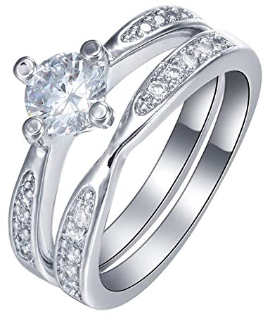 Whoiy Verlobungsring Vorsteckring, Ring für Frauen Kleinen Finger Silber 2 Eheringe 2 Ring Set 4 Krappen Rund Zirkonia 52 (16.6) für Frauen